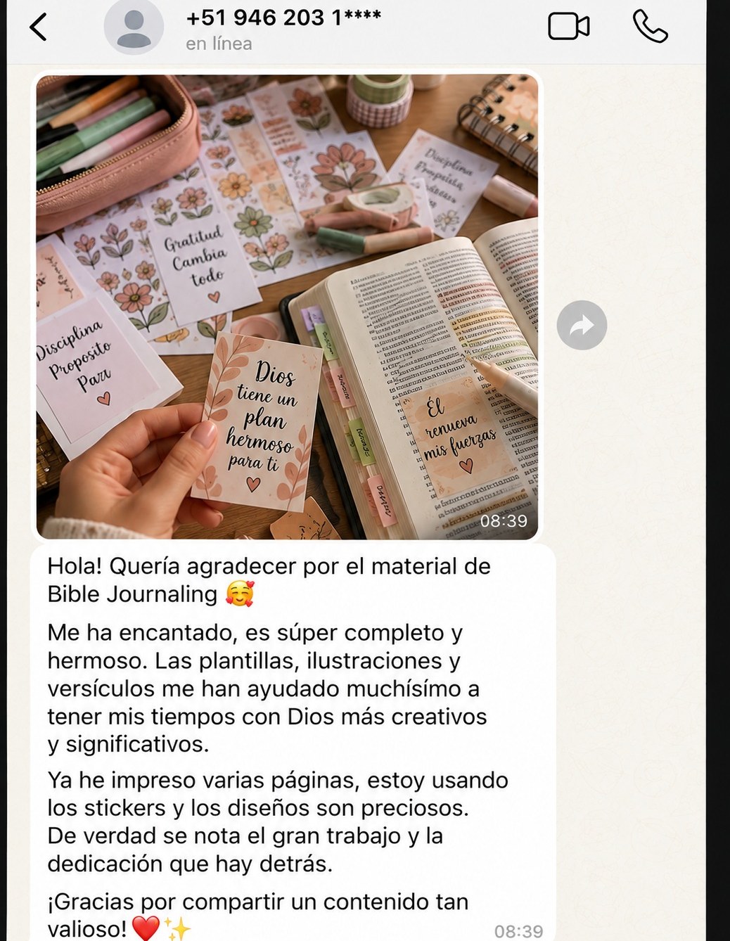 Testimonio 3 de WhatsApp sobre Bible Journaling.