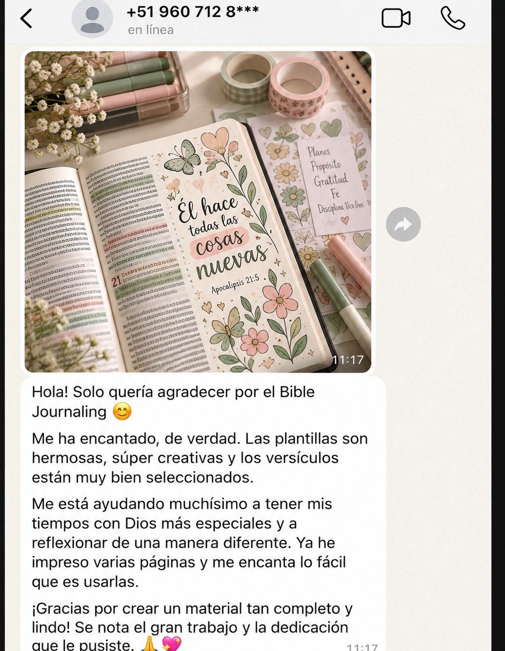 Testimonio 4 de WhatsApp sobre Bible Journaling.