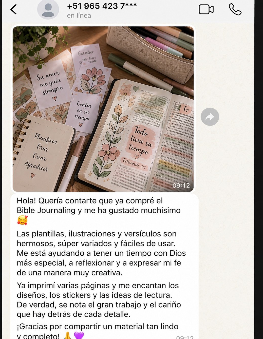 Testimonio 2 de WhatsApp sobre Bible Journaling.