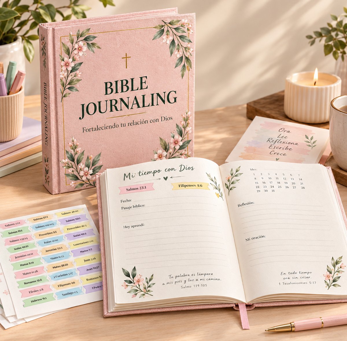 Cuaderno Bible Journaling con portada botánica en rosa y verde, junto a sus páginas abiertas con reflexiones, oraciones y planificación, hojas de pestañas con versículos y un bolígrafo.
