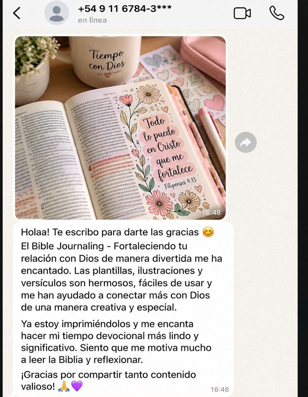Testimonio 1 de WhatsApp sobre Bible Journaling.