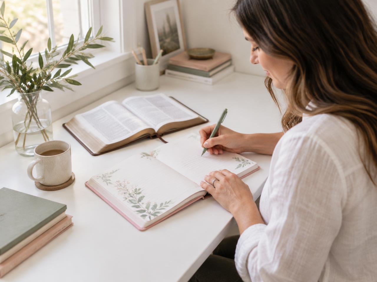 Escena ilustrativa de una mujer escribiendo sus reflexiones junto a una Biblia abierta.